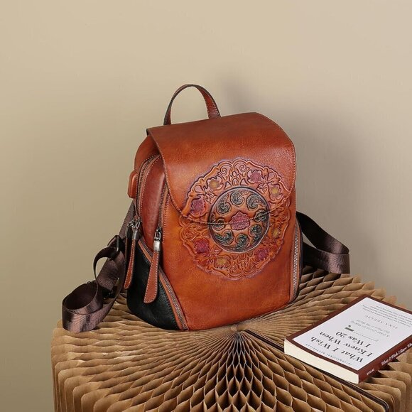 ?Women brown Small Genuine Leather Backpack Fashion Vintage Embossed Totem Bag